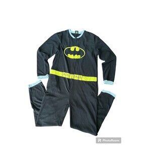 DC‎ Comics BATMAN Fleece Zip Up Pajama Suit Costume w/ Cape Men M  Black/Yellow
